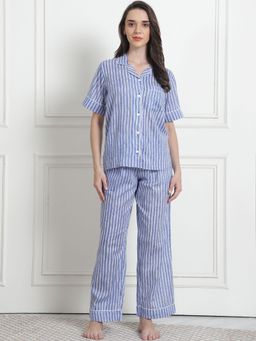 Secret Wish - Striped Light Blue Cotton Night Suit (Set of 2)