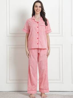 Secret Wish - Striped Peach Cotton Night Suit (Set of 2)