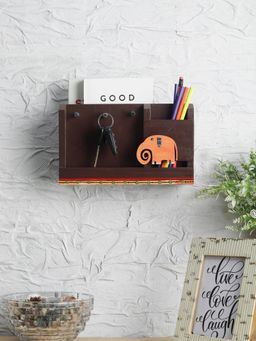 VarEesha - Orange Elephant Wooden Wall Mounting Table Top Magazine Holder Cum Key Holder