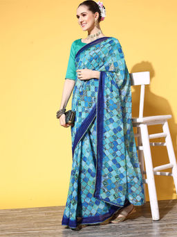 Odette - Blue Sequence Printed Georgette Saree with Unstitched Blouse