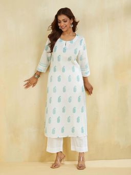 Fabindia - White Cotton Printed Long Kurta