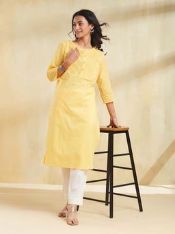 Fabindia - Yellow Cotton Hand Block Slim Fit Long Kurta