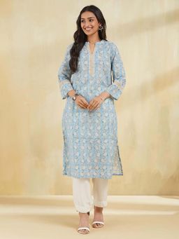 Fabindia - Blue Cotton Hand Block Printed Long Kurta