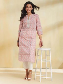 Fabindia - Pink Cotton Hand Block Printed Long Kurta