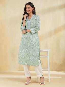 Fabindia - Green Cotton Slim Fit Hand Block Printed Long Kurta