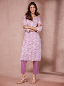 Fabindia - Lavender Cotton Hand Block Printed Long Kurta