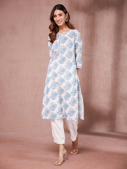 Fabindia - White Cotton Hand Block Printed Long Kurta