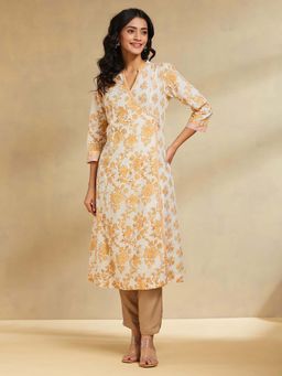 Fabindia - White Cotton Slim Fit Hand Block Printed Long Kurta