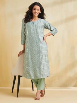 Fabindia - Turquoise Cotton Silk Hand Block Printed Slim Fit Kurta