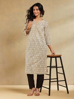 Fabindia - Beige Cotton Hand Block Printed Long Kurta