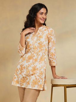 Fabindia - Off White Cotton Slim Fit Hand Block Printed Kurti