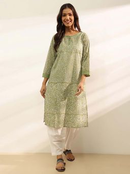 Fabindia - Green Cotton Hand Block Printed Knee Length Kurta