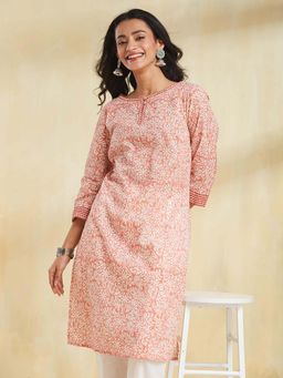 Fabindia - Peach Cotton Hand Block Printed Knee Length Kurta