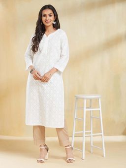 Fabindia - White Cotton Printed Long Kurta