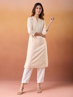 Fabindia - Beige Cotton Slim Fit Long Kurta
