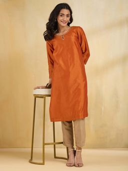Fabindia - Rust Cotton Silk Embroidered Knee Length Kurta