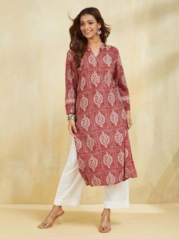 Fabindia - Maroon Viscose Silk Printed Long Kurta