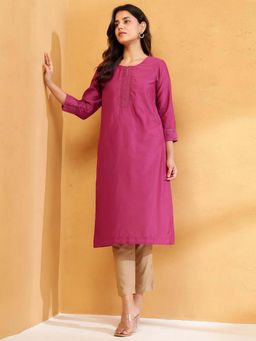 Fabindia - Magenta Cotton Silk Pintucks Long Kurta