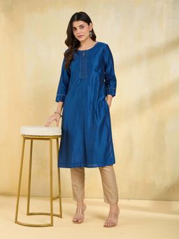 Fabindia - Blue Cotton Silk Pintucks Long Kurta