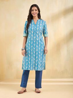 Fabindia - Blue Cotton Printed Knee Length Kurta