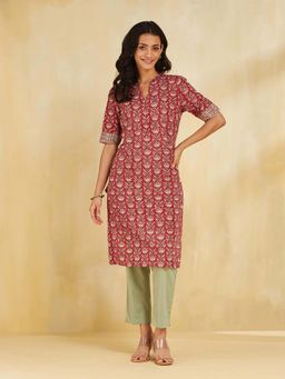 Fabindia - Maroon Cotton Hand Block Printed Knee Length Kurta