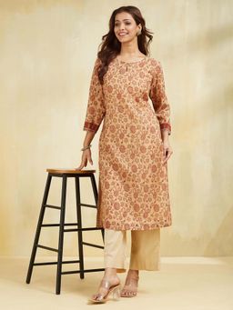 Fabindia - Beige Cotton Printed Long Kurta