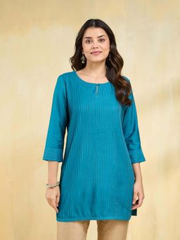 Fabindia - Teal Viscose Silk Pintucks Slim Fit Kurti