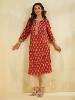 Fabindia - Maroon Cotton Printed Long Kurta