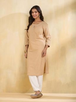 Fabindia - Beige Cotton Solid Calf Length Kurta