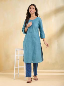 Fabindia - Indigo Cotton Solid Knee Length Kurta