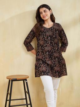 Fabindia - Black Cotton Printed Slim Fit Kurti