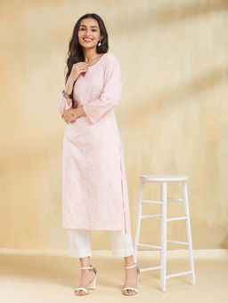 Fabindia - Pink Cotton Slim Fit Chikankari Long Kurta