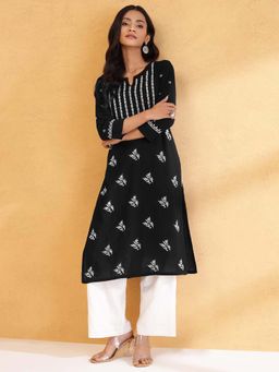 Fabindia - Black Cotton Chikankari Long Kurta