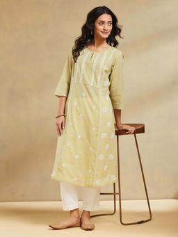 Fabindia - Green Cotton Slim Fit Chikankari Long Kurta