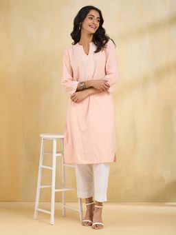 Fabindia - Peach Cotton Chikankari Knee Length Kurta