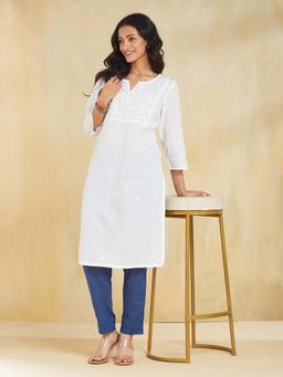 Fabindia - White Cotton Chikankari Knee Length Kurta