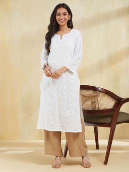 Fabindia - White Cotton Chikankari Long Kurta
