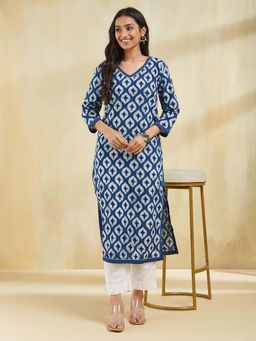 Fabindia - Indigo Cotton Dabu Printed Long Kurta