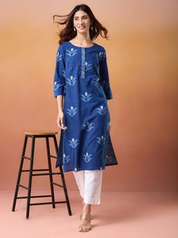 Fabindia - Indigo Cotton Dabu Printed Long Kurta