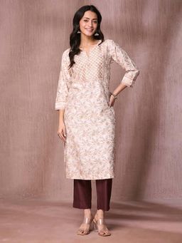 Fabindia - White Cotton Silk Block Printed Long Kurta