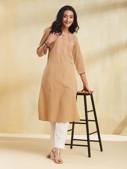 Fabindia - Beige Cotton Hand Embroidered Long Kurta