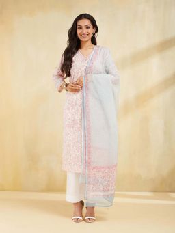 Fabindia - White Cotton Printed Kurta with Dupatta