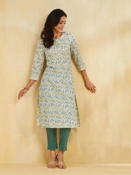 Fabindia - White Cotton Hand Block Printed Slim Fit Kurta