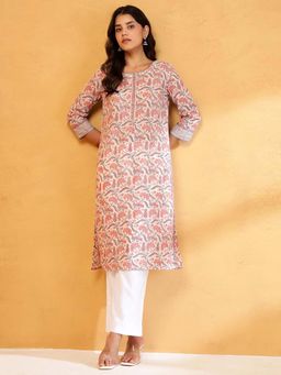 Fabindia - White Cotton Hand Block Printed Slim Fit Long Kurta