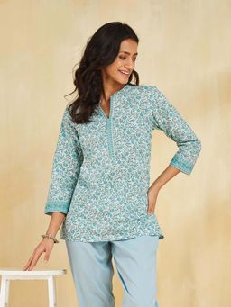 Fabindia - Blue Cotton Printed Slim Fit Kurti