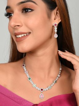 Shoshaa - Silver-Plated Handcrafted Multi-Color CZ Studded Jewellery Set