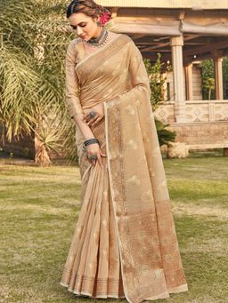 Odette - Beige Colour Cotton Saree Pair with Cotton with Unstitched Blouse