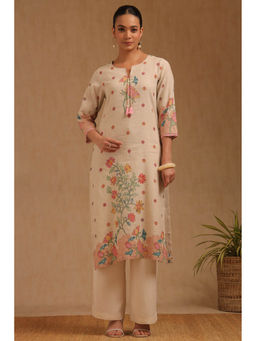 Soch - Beige Linen Floral Printed Kurta