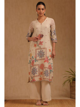 Soch - Beige Linen Floral Printed Kurta