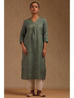 Soch - Teal Rayon Botanical Printed Kurta